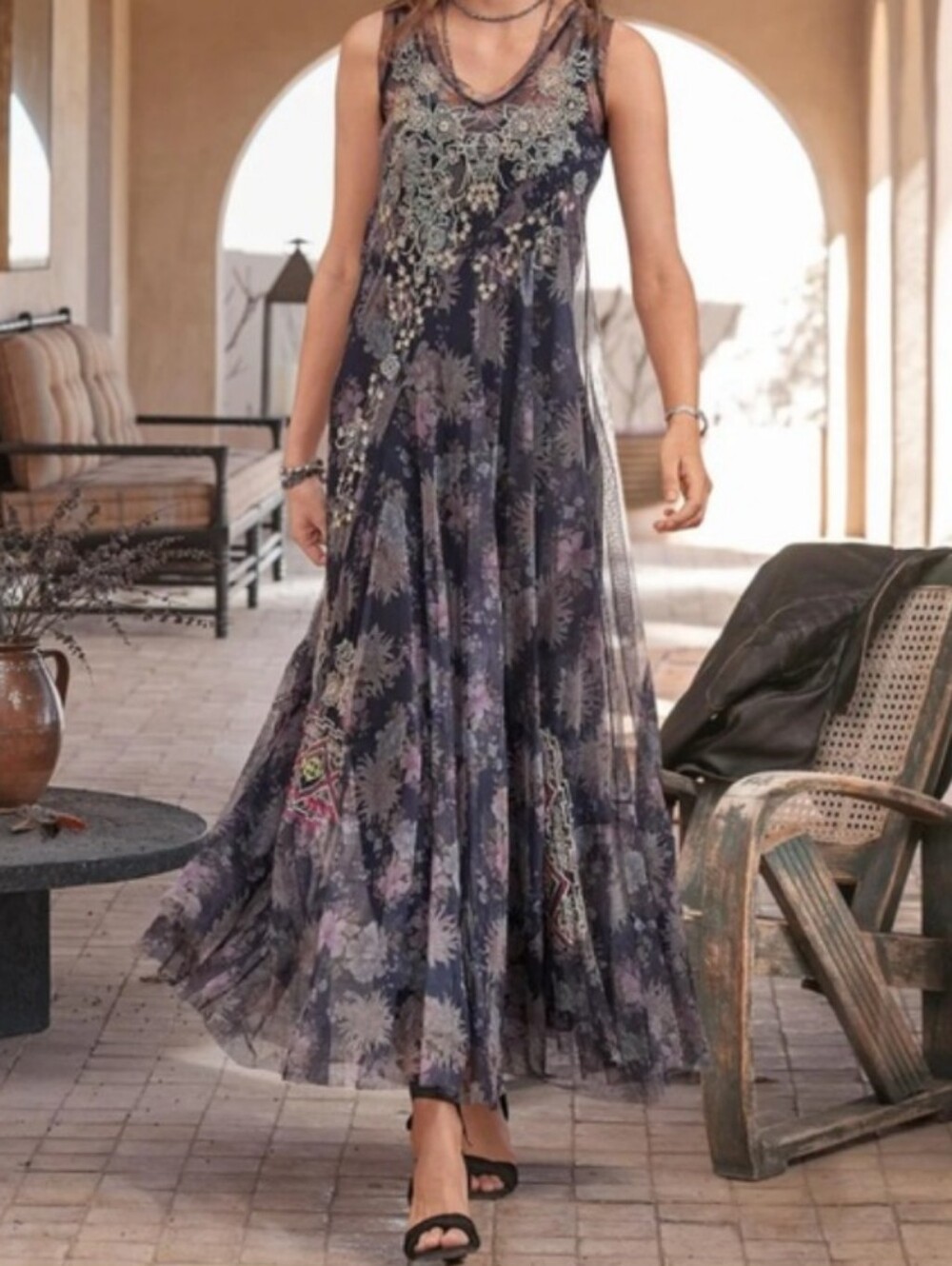 Johnny Was Biya Yawa Mesh Maxi Dress w/ Floral Embroidery Size PM Petite Medium